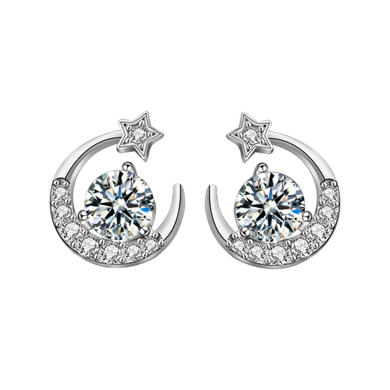 925 Sterling Silver Moissanite Star and Moon Stud Earrings — Exquisite Jewelry