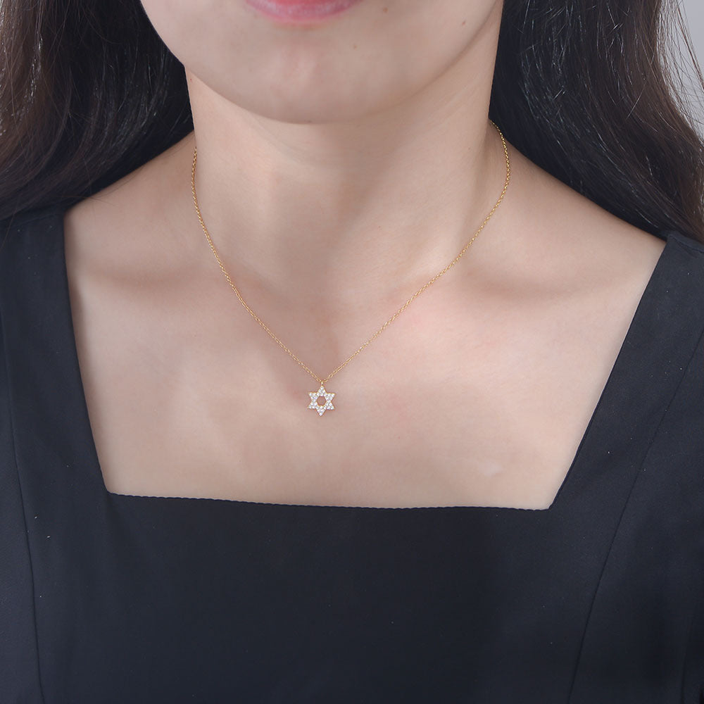 S925 Sterling Silver with Shiny Zircon Six-Pointed Star Pendant Necklace