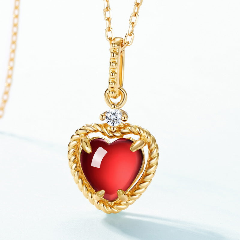 S925 Sterling Silver Gold-Plated Garnet Heart Necklace
