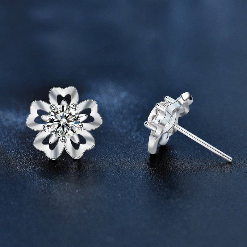 Summer Artistic-Style Moissanite Earrings — Cherry Blossom Studs for Women