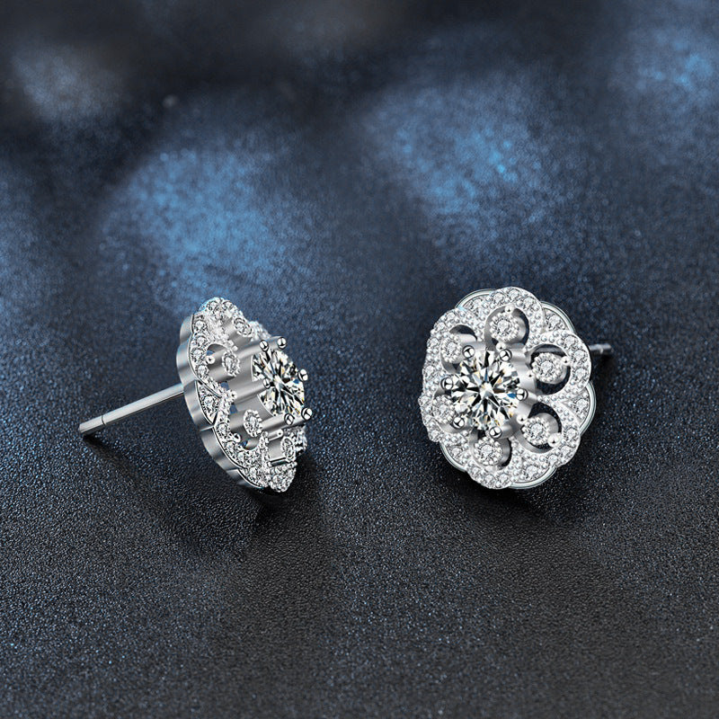 925 Sterling Silver Delicate Round Flower Moissanite Stud Earrings