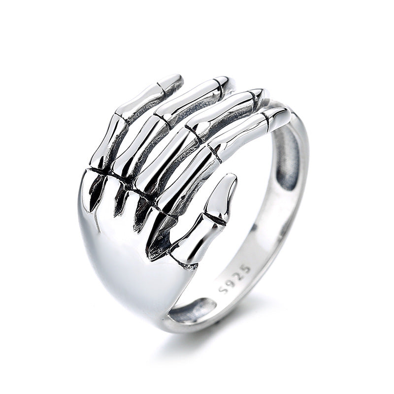 S925 Sterling Silver Halloween Skeleton Hand Open Ring