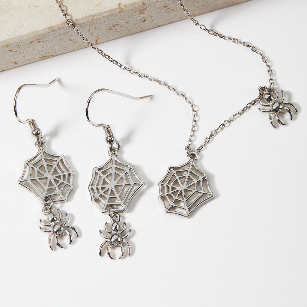 S925 Sterling Silver Gothic Spiderweb Pendant Necklace and Earrings