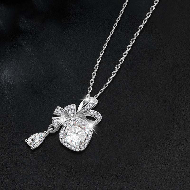 S925 Silver Moissanite Pendant Bow Square Necklace