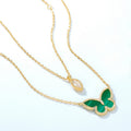 S925 Sterling Silver 10K Gold Green Malachite Butterfly Double Chain Necklace