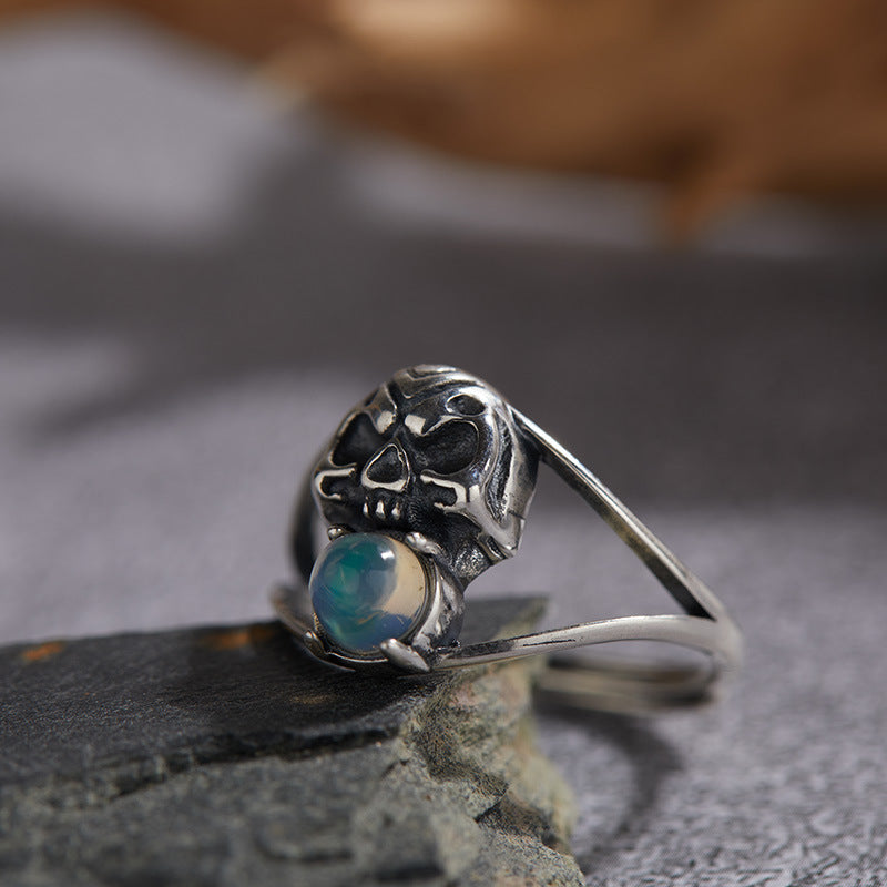 S925 Sterling Silver Halloween Thai Silver Skull Open Ring