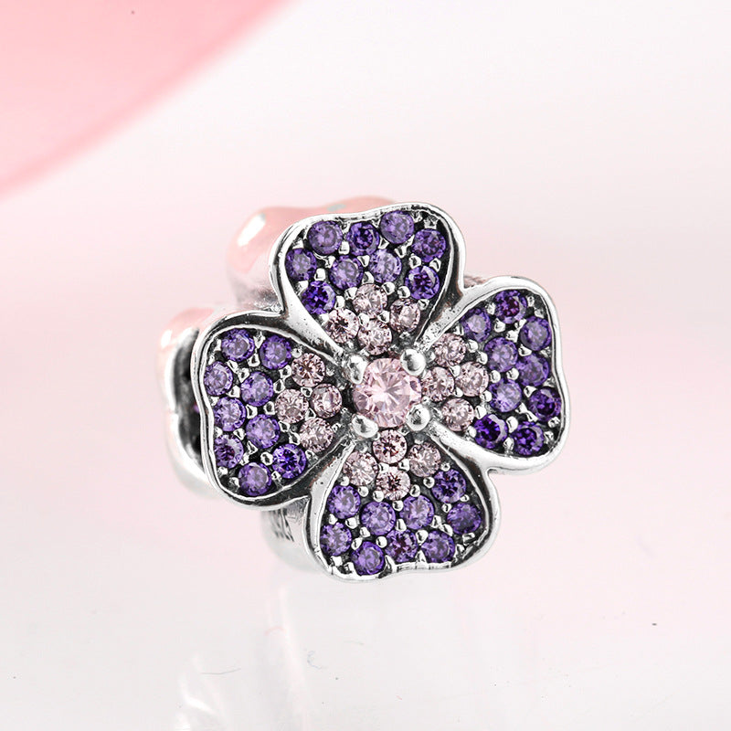 S925 Sterling Silver Sparkling Pink Purple Four Leaf Clover Bead Pendant
