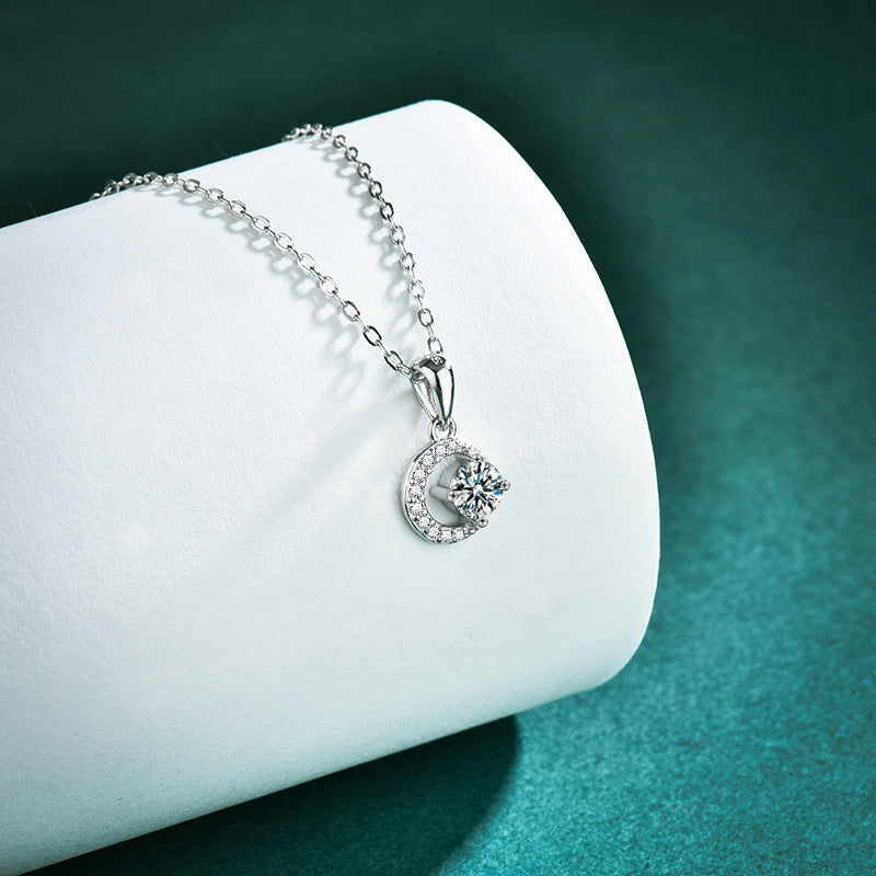 S925 Sterling Silver Star Moissanite Moon Pendant Necklace