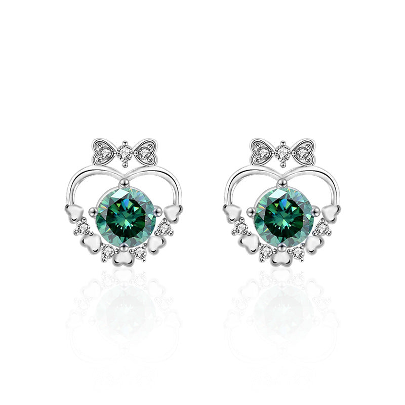 Moissanite and 925 Sterling Silver Heart & Bow Stud Earrings