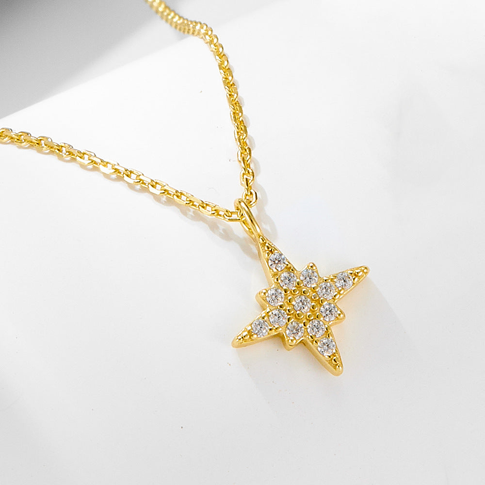 S925 Sterling Silver Full Zircon Inlaid Eight Awn Star Necklace