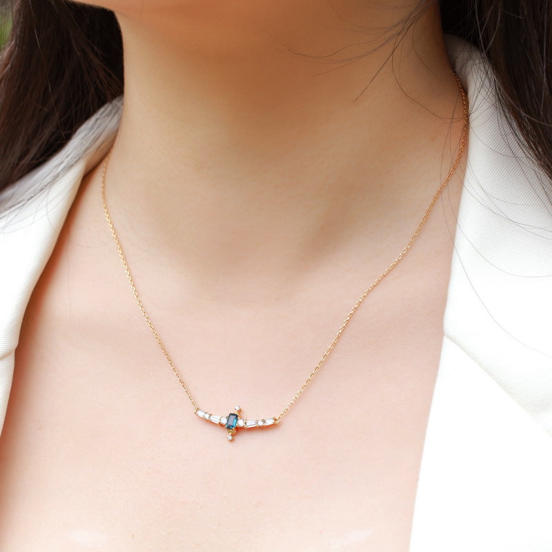S925 Sterling Silver 10K Gold Vintage Natural London Blue Topaz Necklace