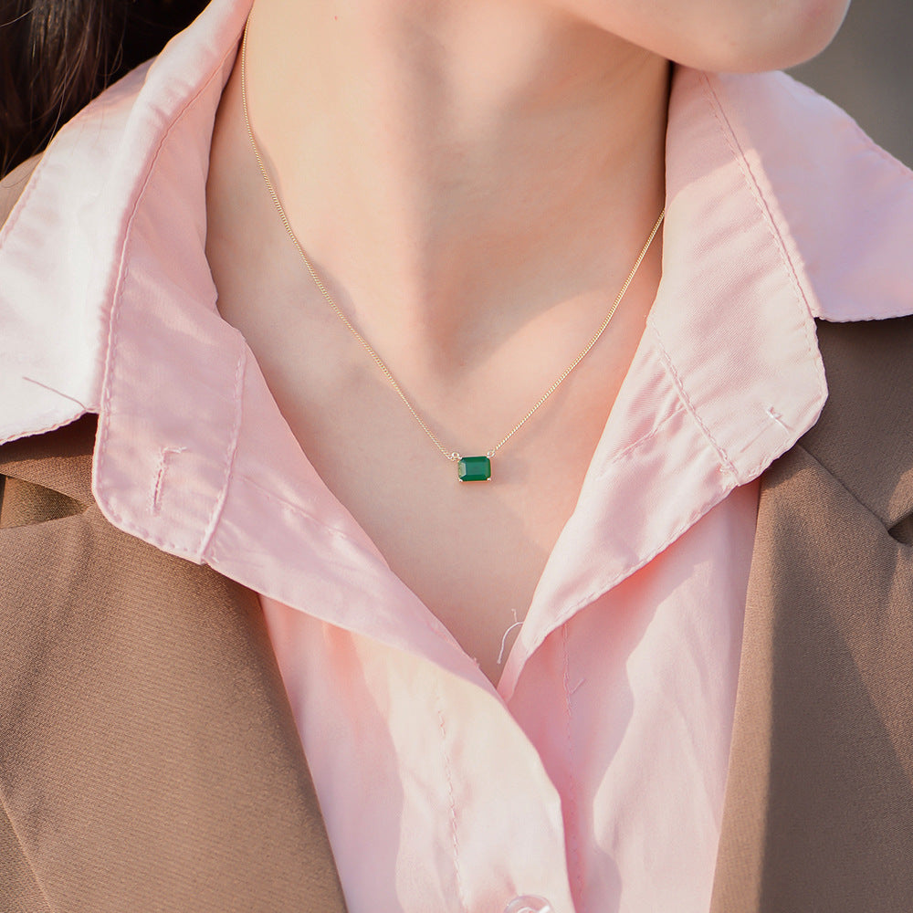 S925 Sterling Silver Square Emerald Colored Zircon Necklace