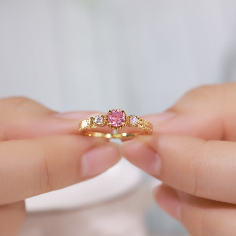 S925 Sterling Silver Gold-Plated Natural Pink Tourmaline Ring