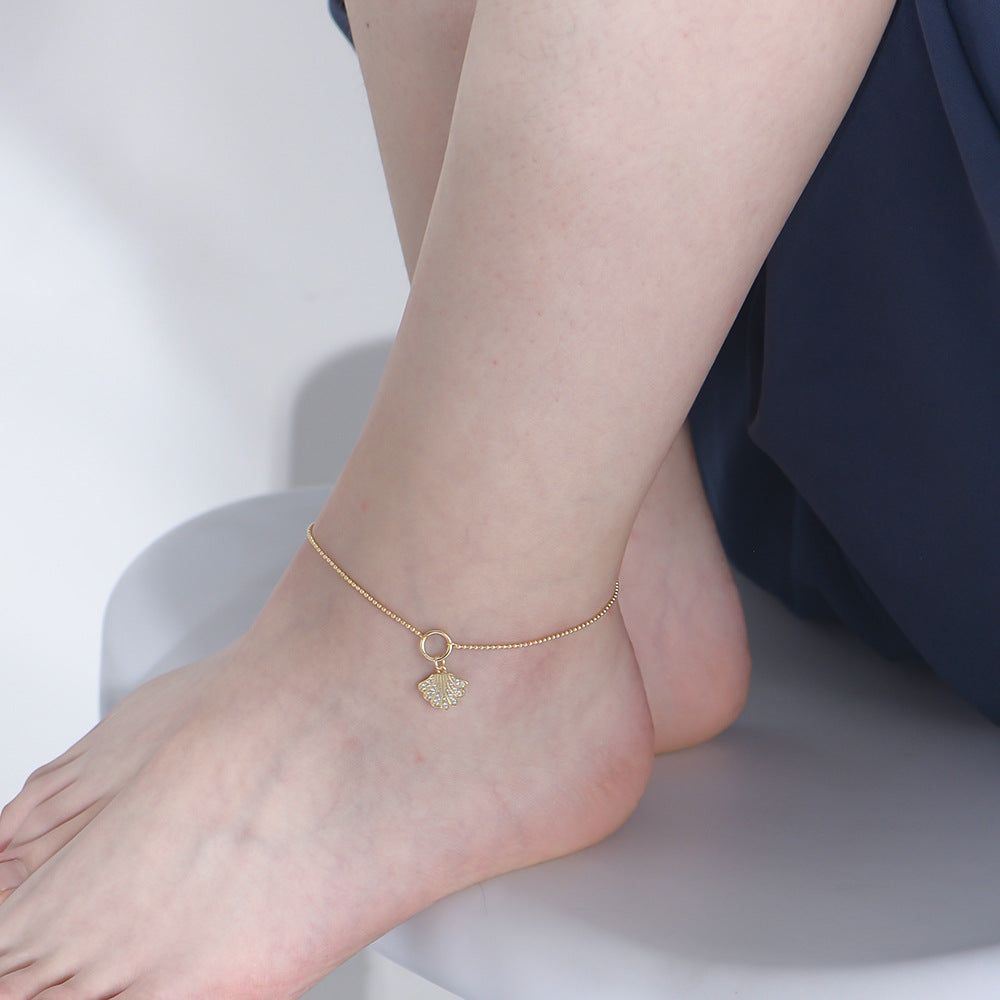 S925 Sterling Silver Zircon Inlaid Shell Pendant Anklet