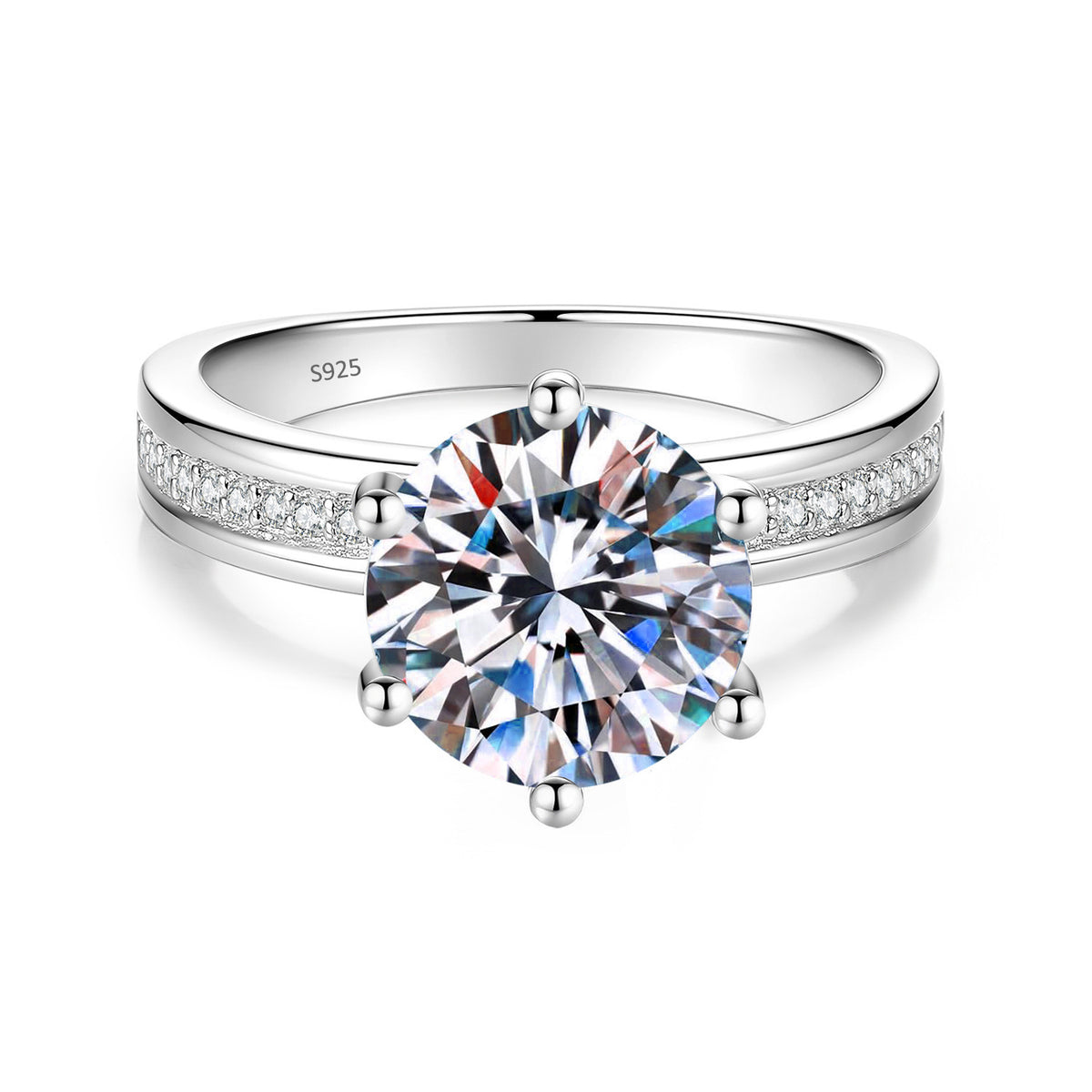 S925 Sterling Silver Six-Prong Round Colored Moissanite Ring
