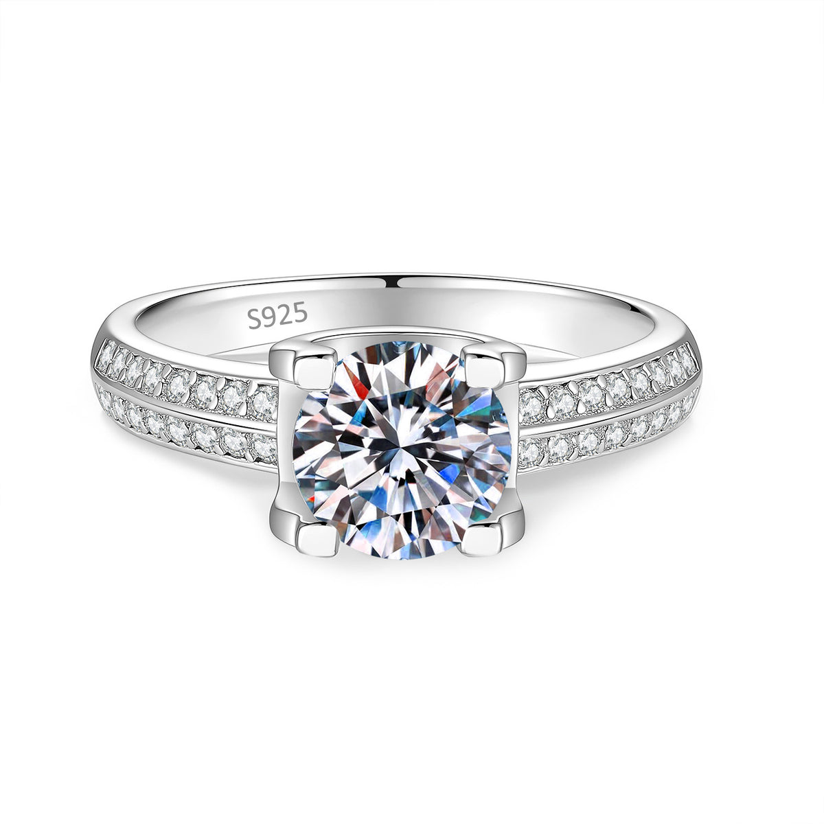 S925 Sterling Silver Double-Row "Bull-Head" Setting Moissanite Ring