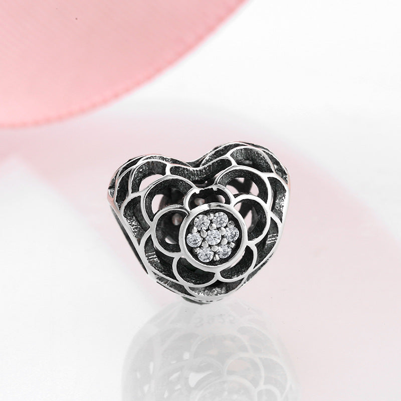 S925 Sterling Silver Hollow Heart Flower Bead Pendant