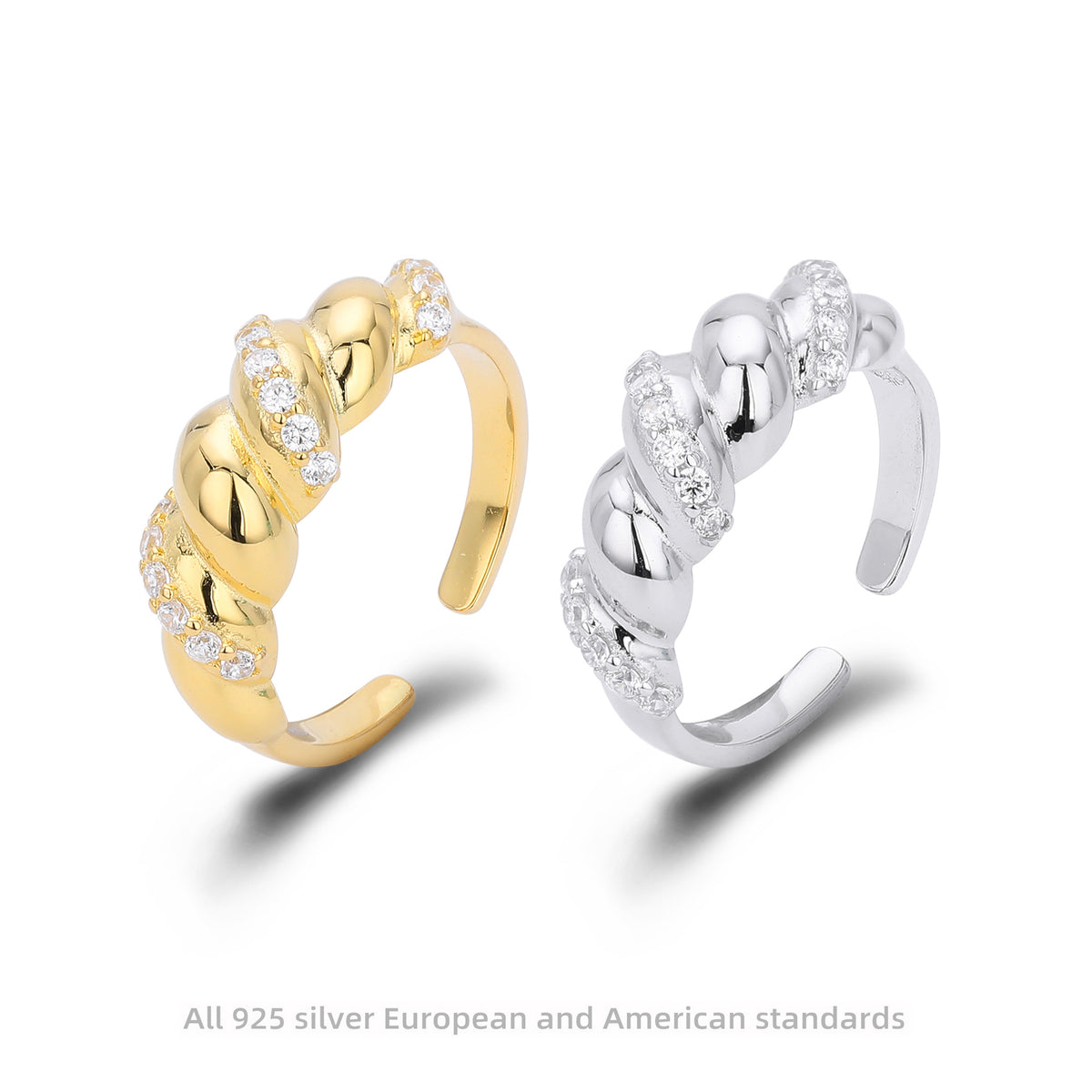 S925 Sterling Silver Ring with Zirconia Inlay, Croissant Braid Pattern