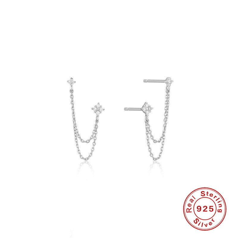 S925 Sterling Silver Chain Tassel Earrings with Zirconia Studs