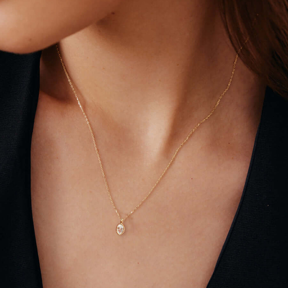S925 Sterling Silver Plated 14K Gold Oval Zircon Pendant Necklace