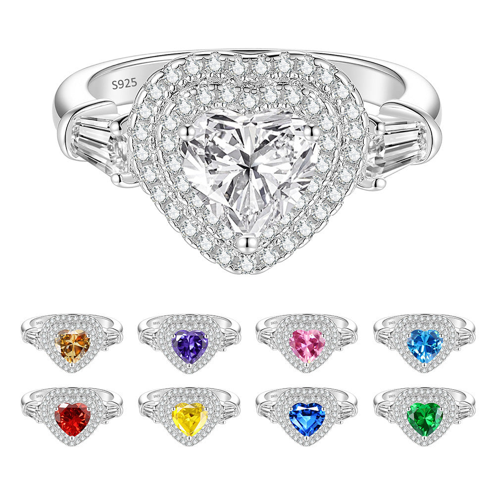 S925 Silver Heart-Shaped Ring with Colored Moissanite