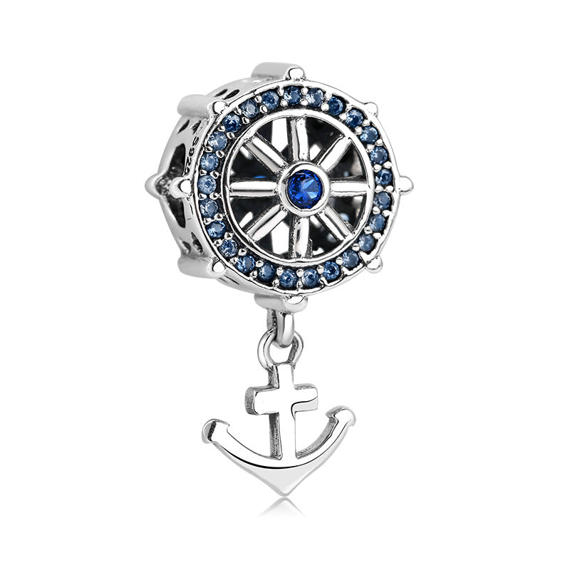 S925 Sterling Silver Inlaid Zircon Rudder Boat Anchor Beaded Pendant