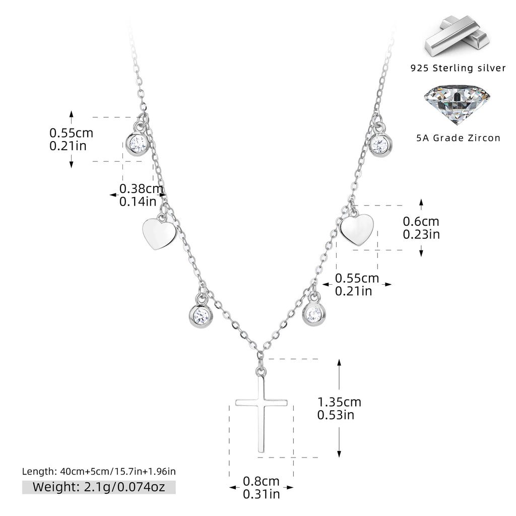 Dainty CZ Heart Cross Charm Necklace in 925 Sterling Silver
