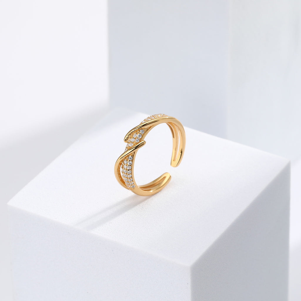 Minimalist style zircon-set open-style index finger ring, S925 sterling silver, intertwined design, understated luxury