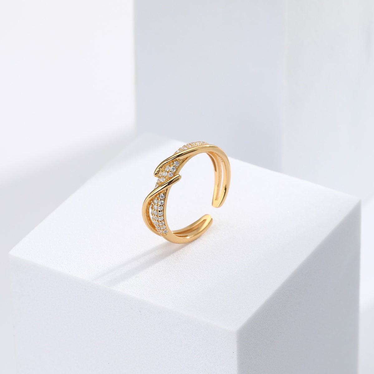 Minimalist style zircon-set open-style index finger ring, S925 sterling silver, intertwined design, understated luxury