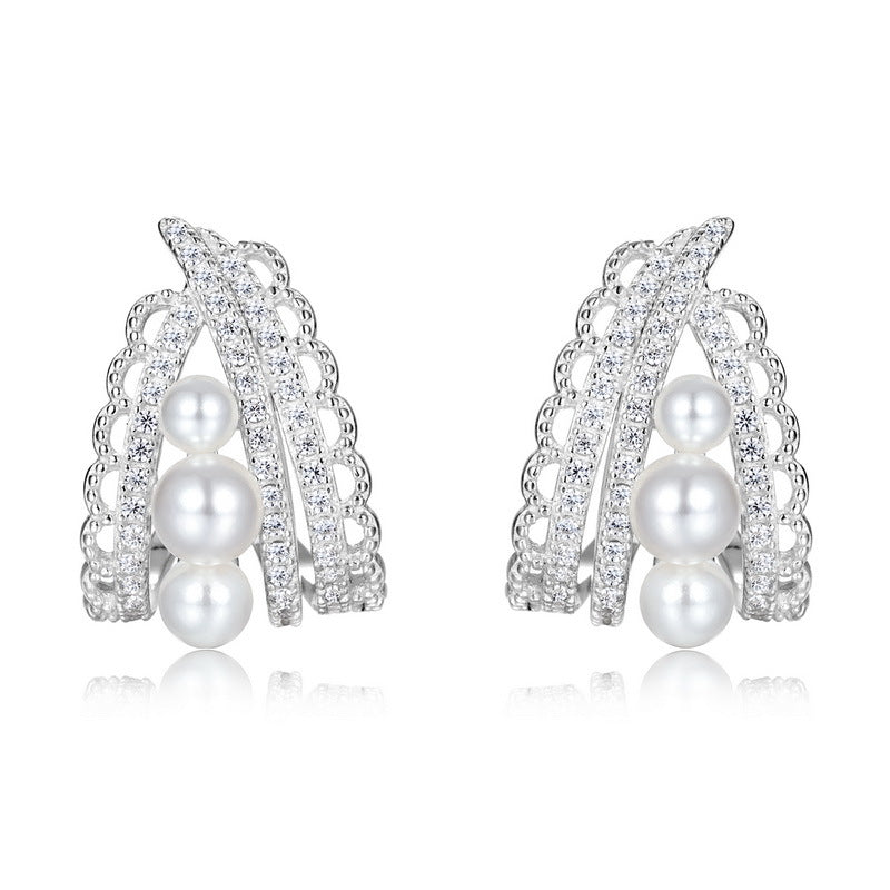 S925 Sterling Silver Vintage Lace Hollow Pearl Earrings
