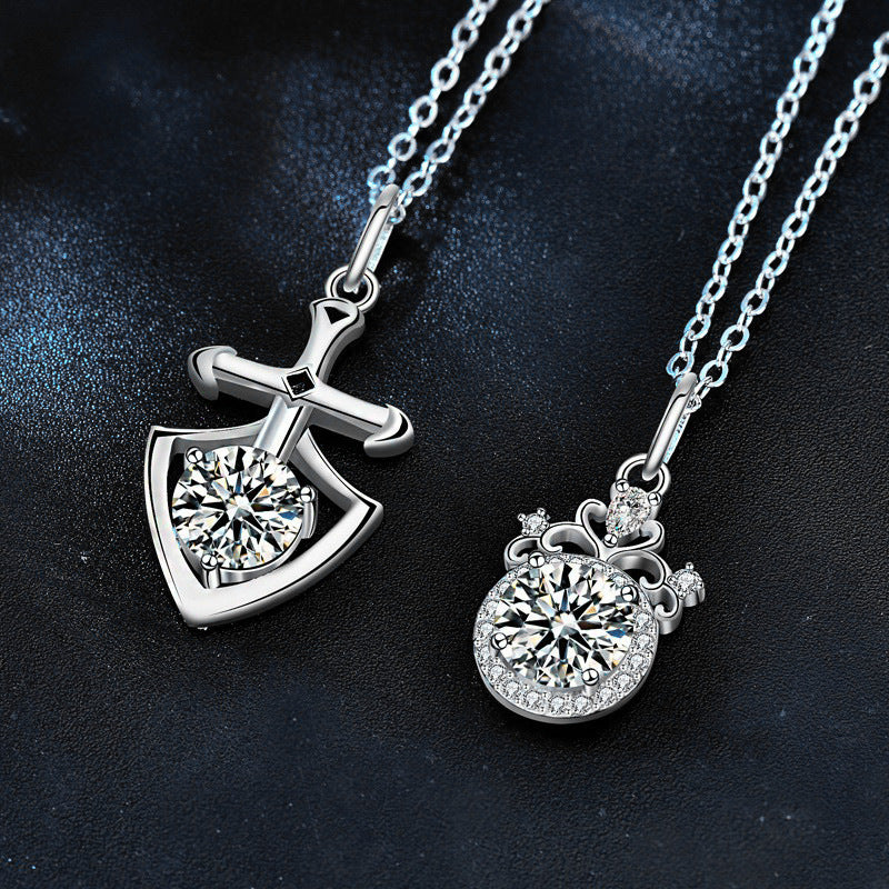 S925 Sterling Silver Moissanite Princess and Knight Pair of Personality Shield Crown Clavicle Pendant Couple Necklace