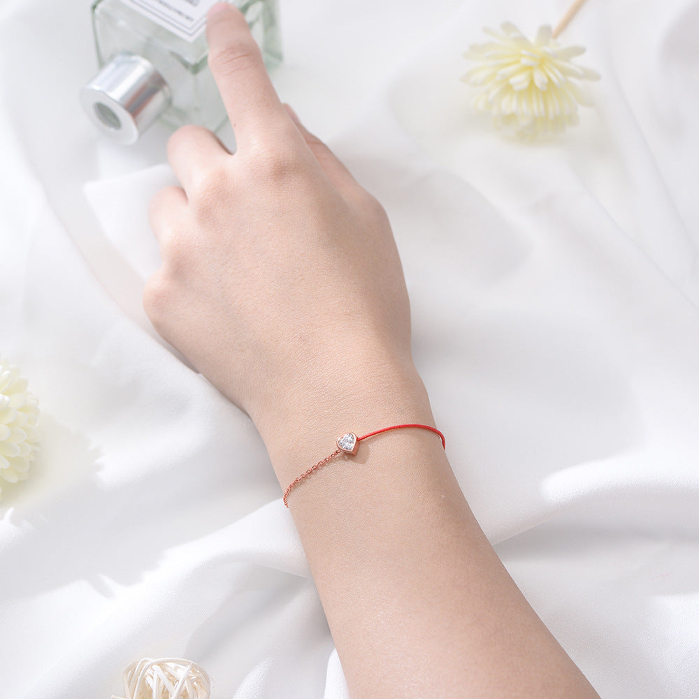 S925 Sterling Silver Heart-Shaped Zircon Stitching Colored Rope Bracelet