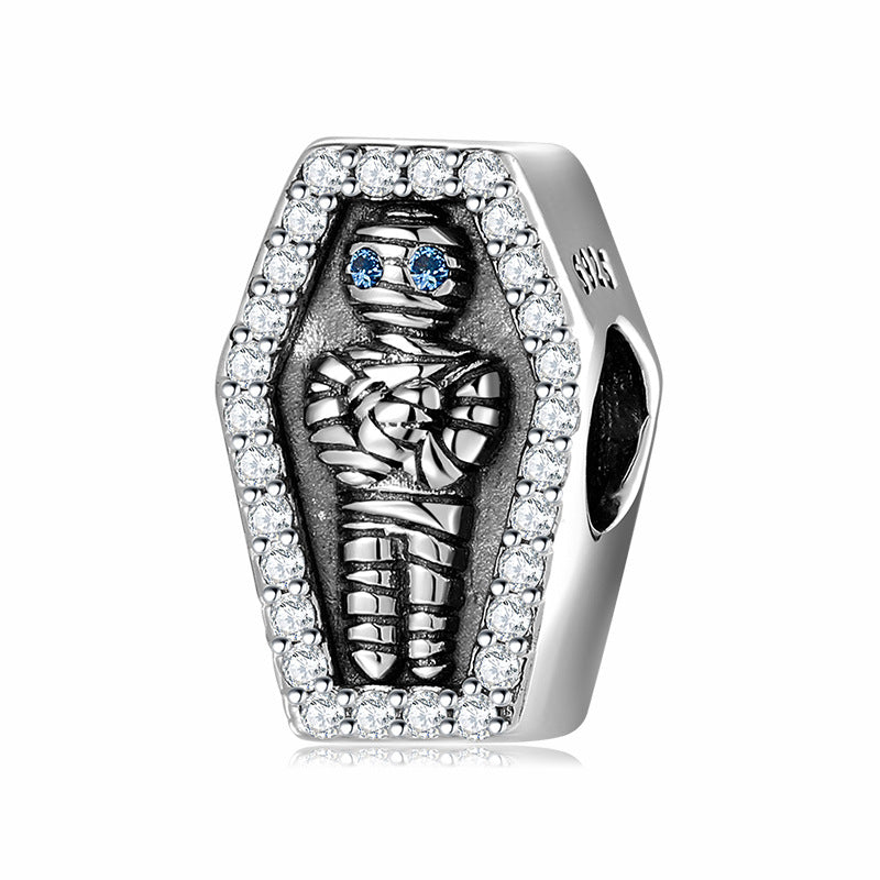 S925 Sterling Silver Mummy Coffin Pendant with Zircon Trim