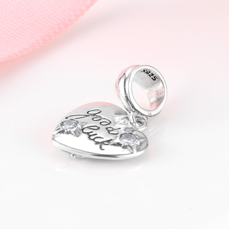S925 Sterling Silver Heart Shape Engraved Good Luck Pendant with Zircon Inlaid