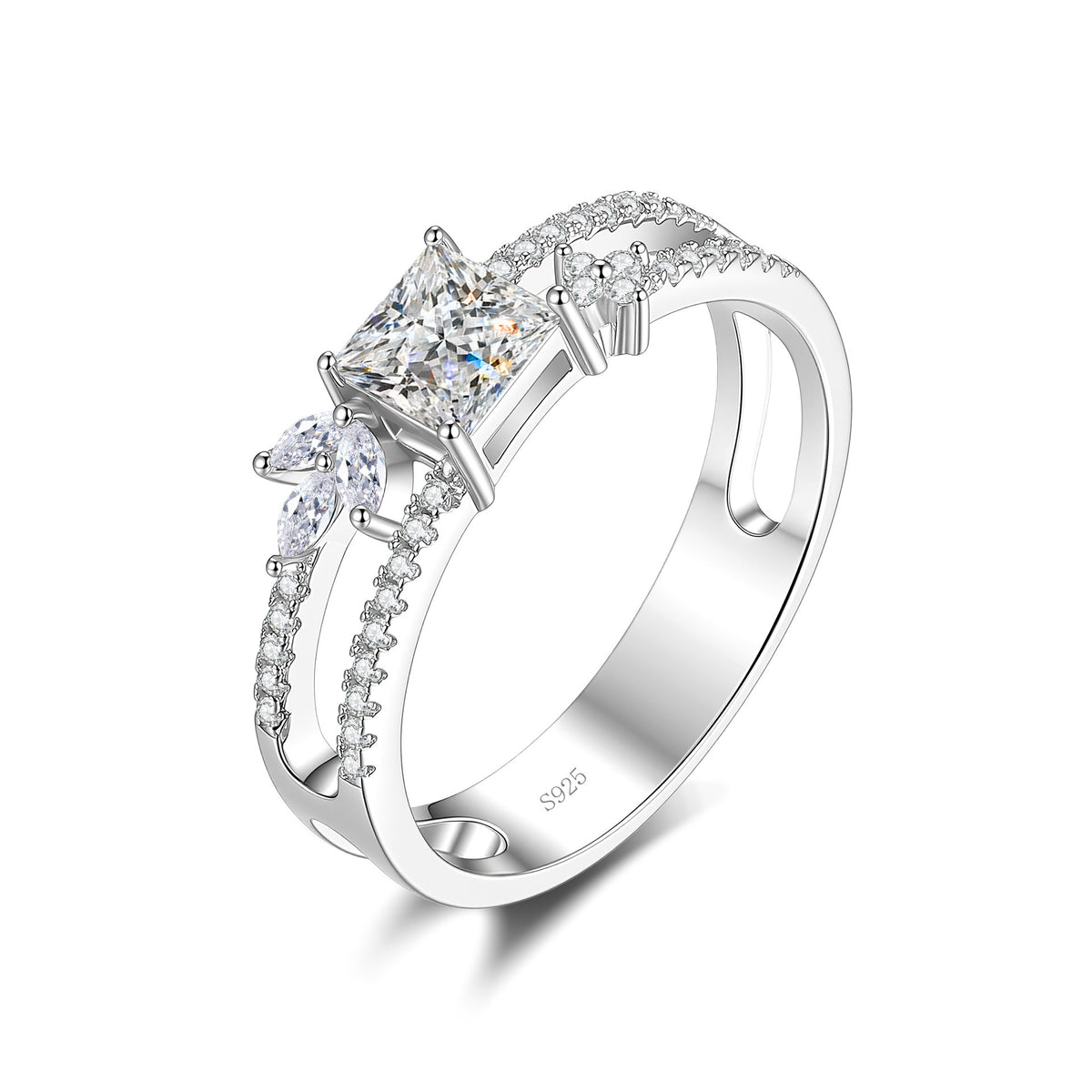 S925 Sterling Silver Square-Cut Colored Moissanite Ring