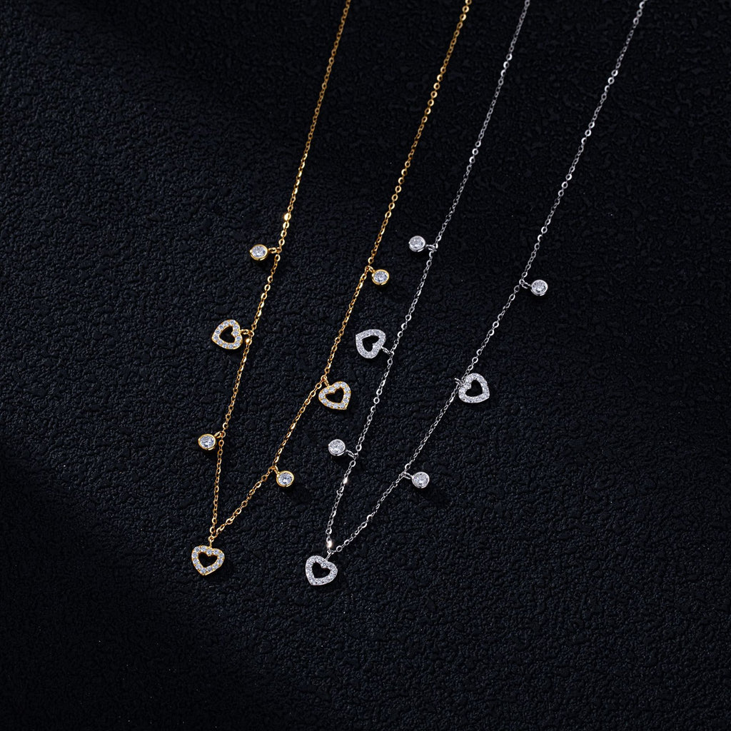 Pave CZ Heart Station Necklace in 925 Sterling Silver