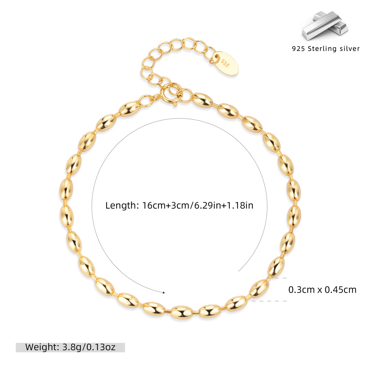 S925 Sterling Silver Rice Bead Bracelet