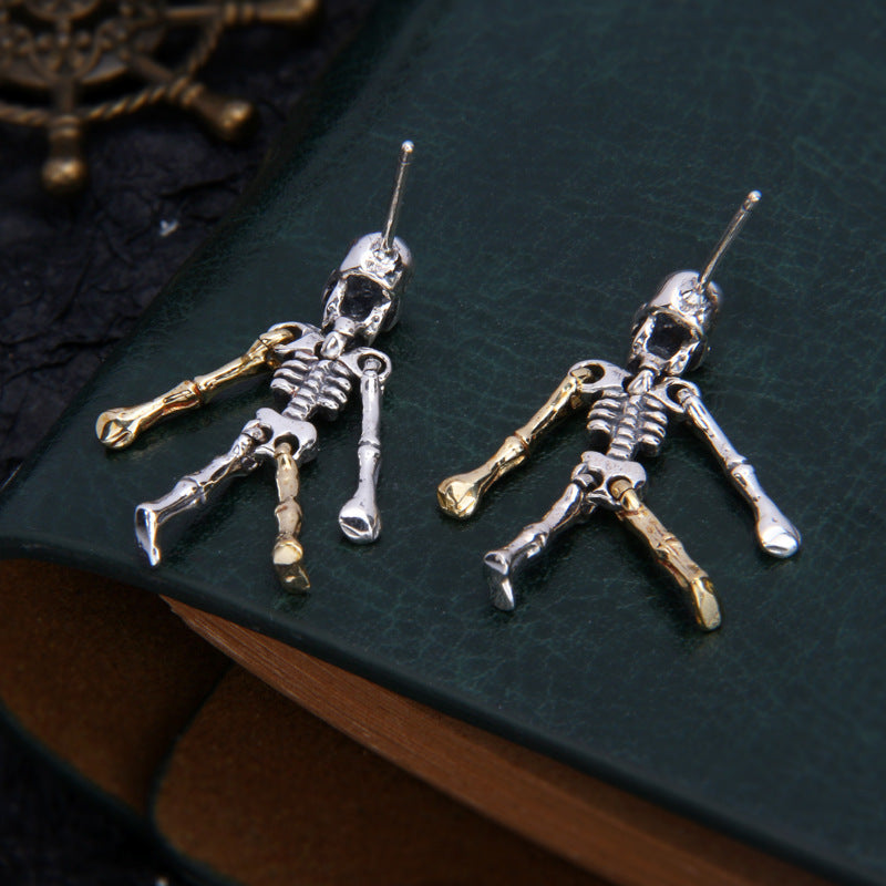 S925 Sterling Silver Halloween Articulated Skeleton Stud Earrings