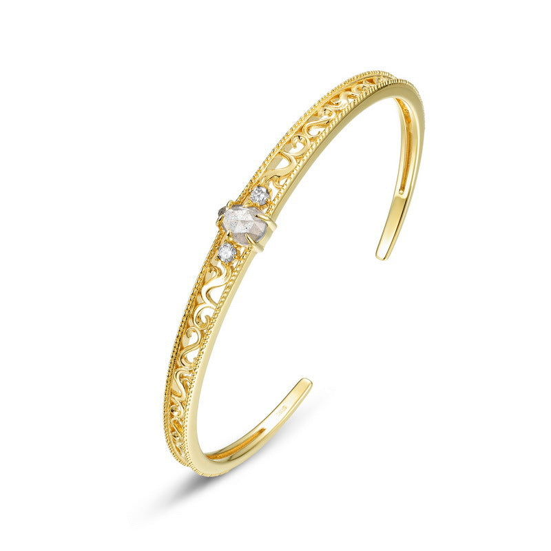 S925 Sterling Silver Gold-Plated Openwork Bangle Inlaid with Labradorite