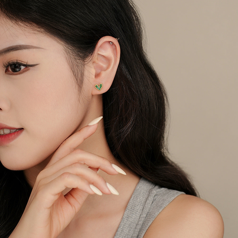 S925 Sterling Silver Heart Stud Earrings with Colorful Zirconia