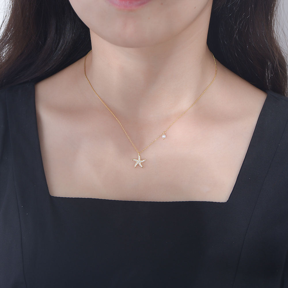 S925 Sterling Silver Zircon Inlaid Starfish Five-Pointed Star Pearl Necklace