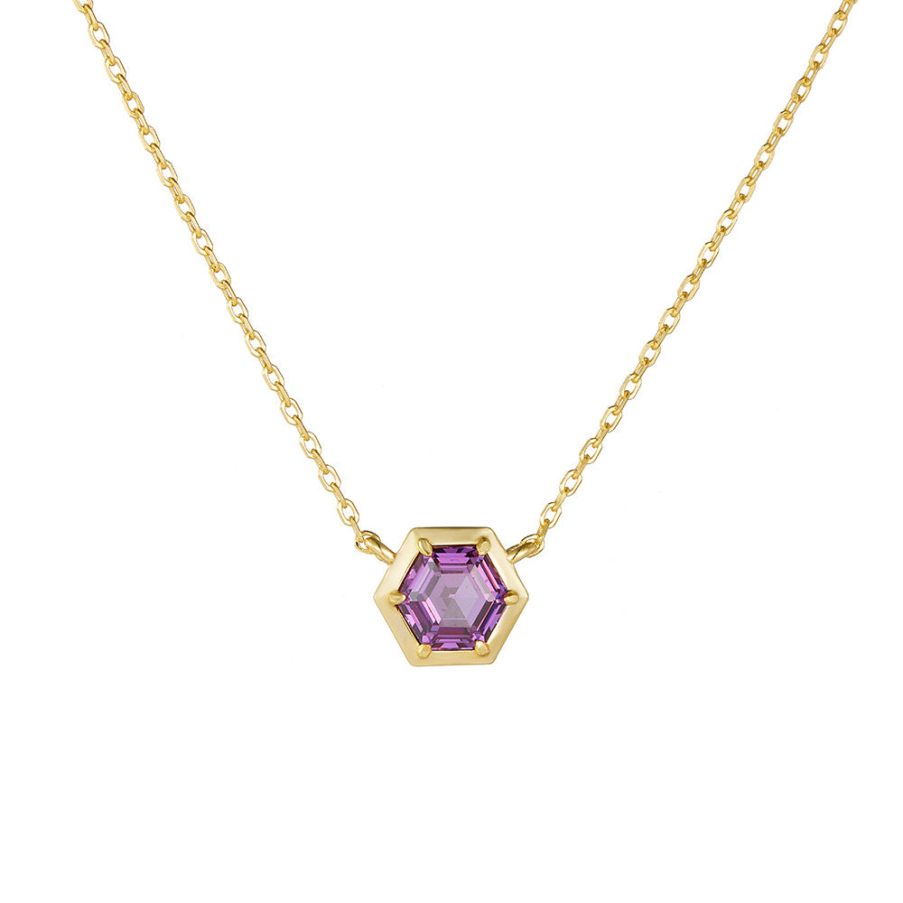S925 Sterling Silver Hexagonal Amethyst Zircon Pendant Necklace
