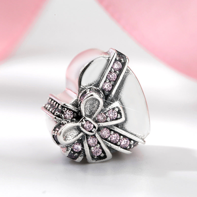 S925 Sterling Silver Zircon Inlaid Heart Gift Box Bead Pendant