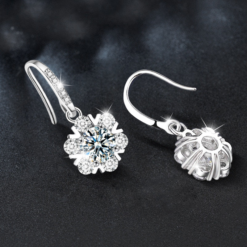 Christmas Earrings: 925 Sterling Silver Snowflake & Moissanite Ear Hooks