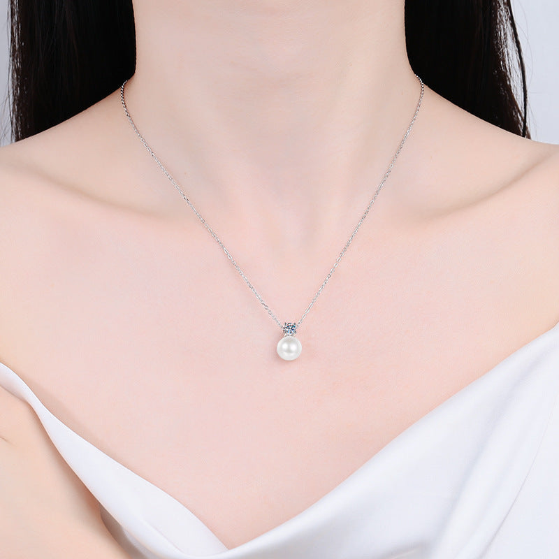 S925 Sterling Silver Moissanite Pearl Necklace