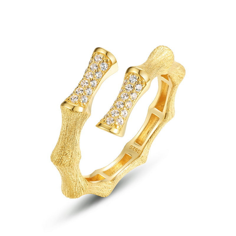 S925 Sterling Silver Gold-Plated Bamboo-Shaped Zircon Ring
