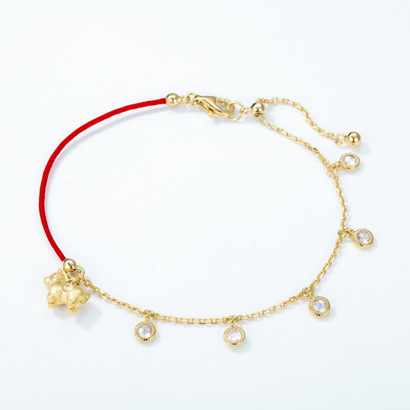 S925 Sterling Silver Gold Plated Horse Year Red String Zircon Inlaid Bracelet