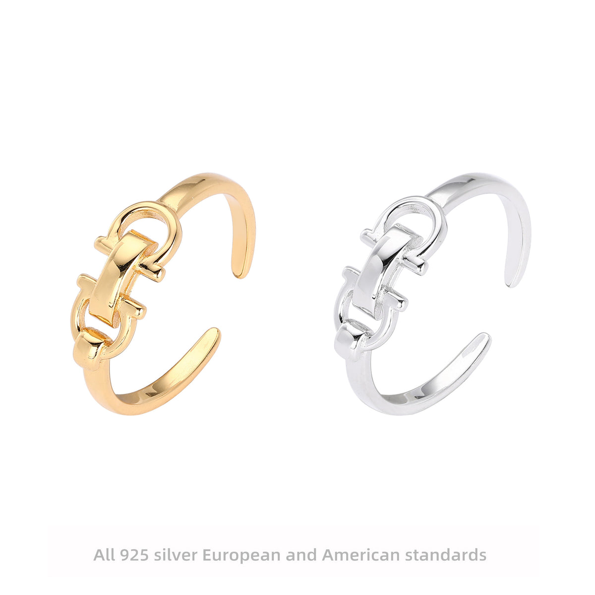 S925 Sterling Silver Trendy Leather Buckle Double D Opening Ring