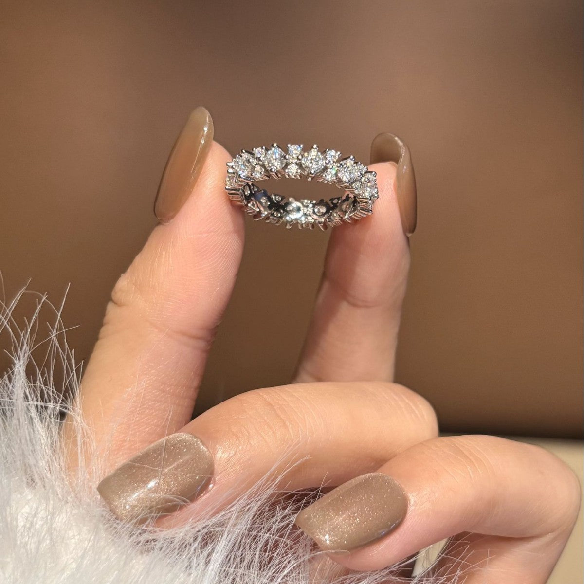 S925 Sterling Silver Moissanite Ring with Pavé-Set Stones