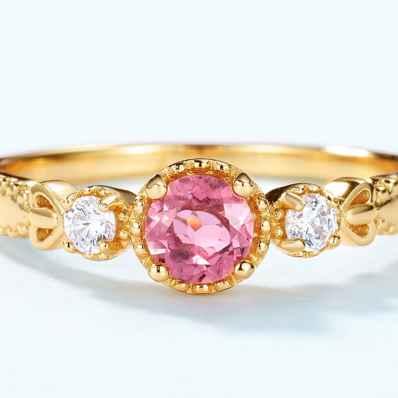 S925 Sterling Silver Gold-Plated Natural Pink Tourmaline Ring